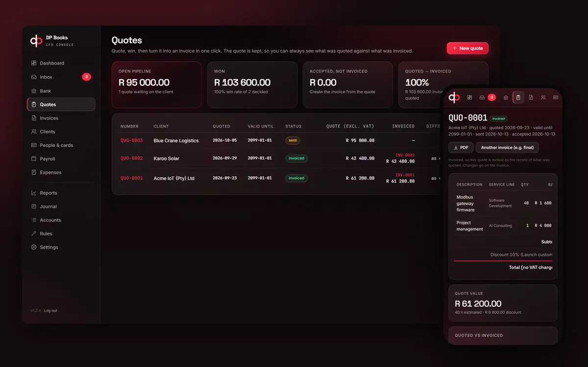 DP Books finance console showing quotes