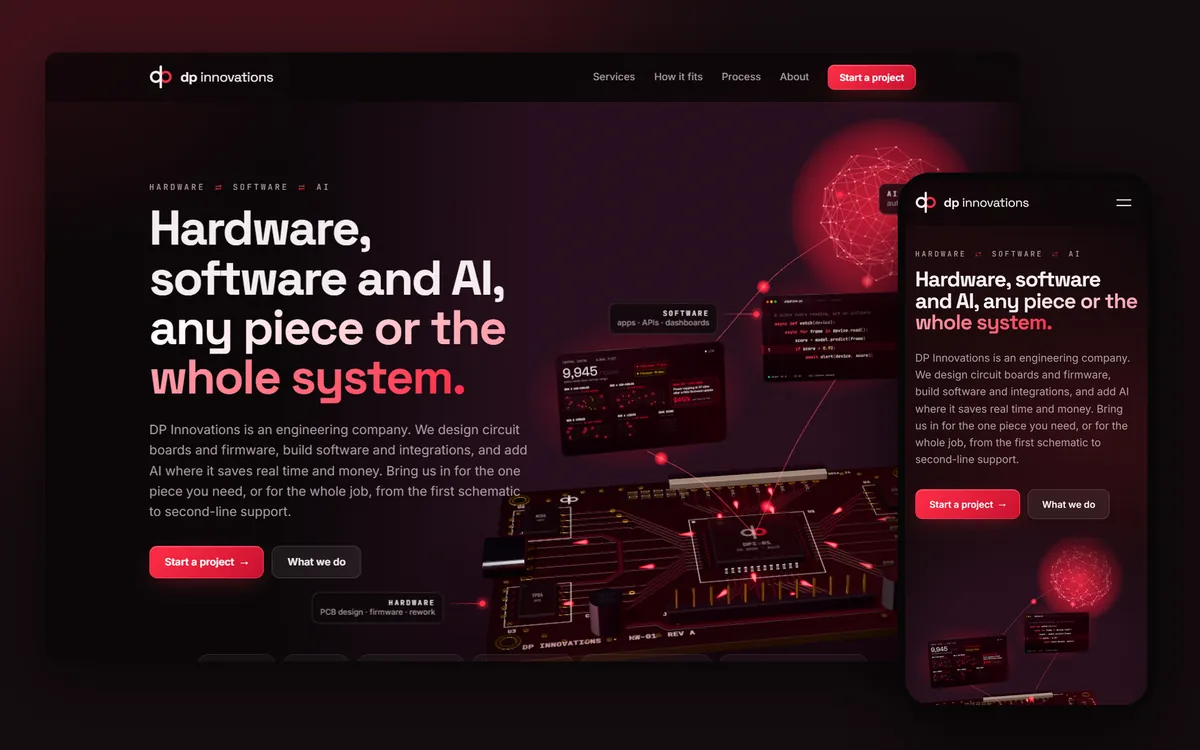 DP Innovations website with its 3D hero