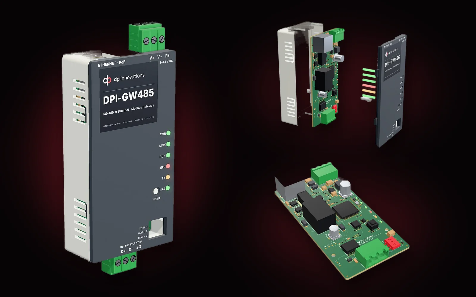 DPI-GW485 RS-485 to Ethernet gateway: product render, exploded view and circuit board